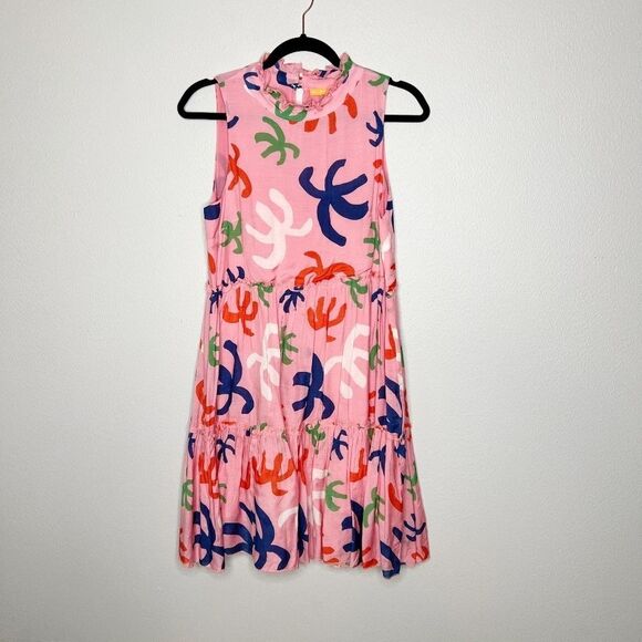 Oliphant Pink Tiered Abstract Print Sun Dress Size XS Cotton Silk - Picture 1 of 7